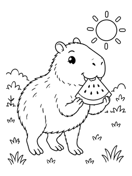 A friendly capybara coloring page showing the animal holding a slice of watermelon under the sun.