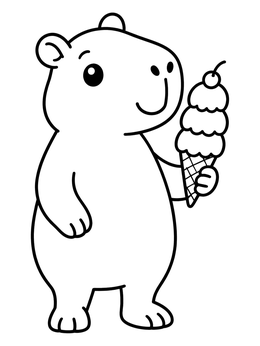 A cute capybara coloring page holding an ice cream cone with scoops.