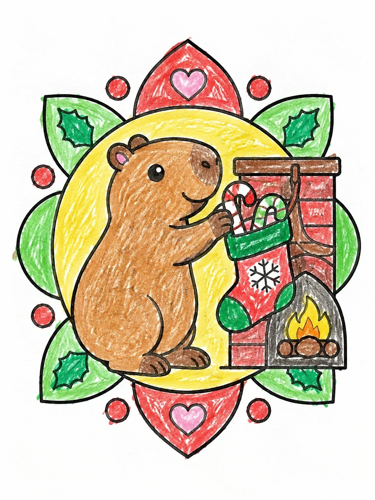 Colored example of the Holiday Capybara With Stocking coloring page