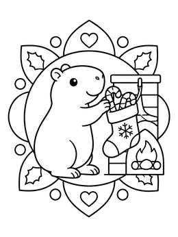 A cute capybara coloring page with candy canes and a holiday stocking.