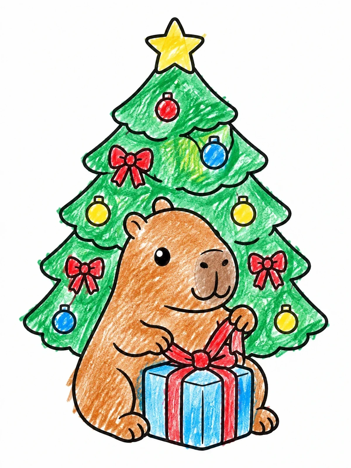 Colored example of the Capybara Opening A Christmas Present coloring page