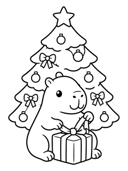 A cute capybara coloring page showing the animal opening a gift under a tree.