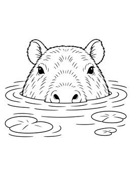 A peaceful capybara coloring page showing the animal peering above calm water with lily pads.
