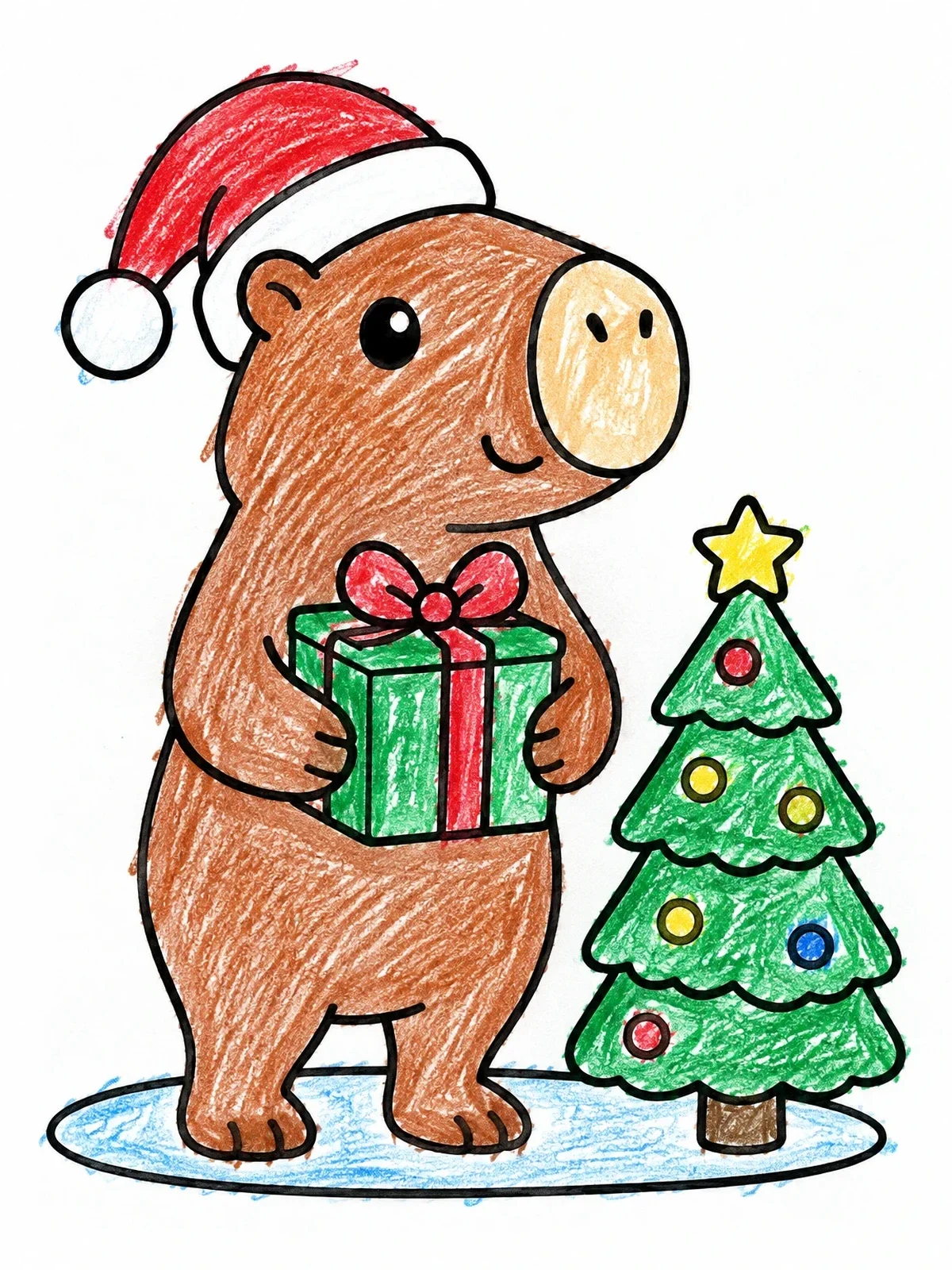 Colored example of the Capybara Celebrating Christmas With Tree coloring page