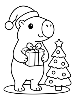 A cute capybara coloring page wearing a Santa hat and holding a gift by a Christmas tree.