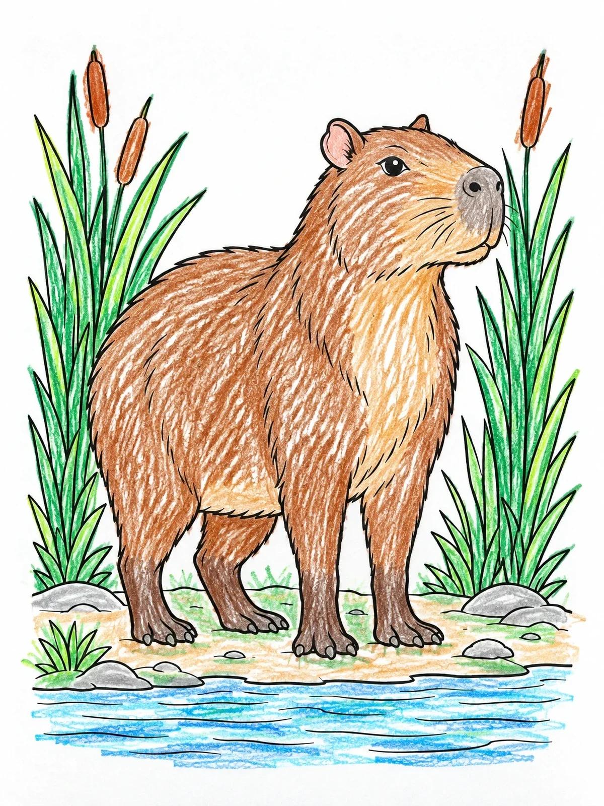 Colored example of the Capybara By The Reeds coloring page