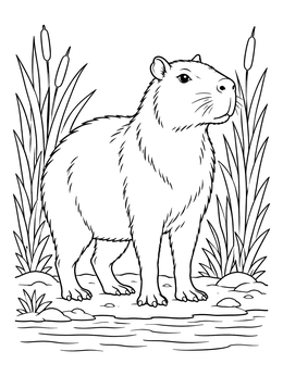 A peaceful capybara coloring page showing the animal standing near water and cattails.