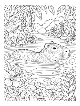 A serene capybara coloring page showing the animal swimming through a lush tropical river.