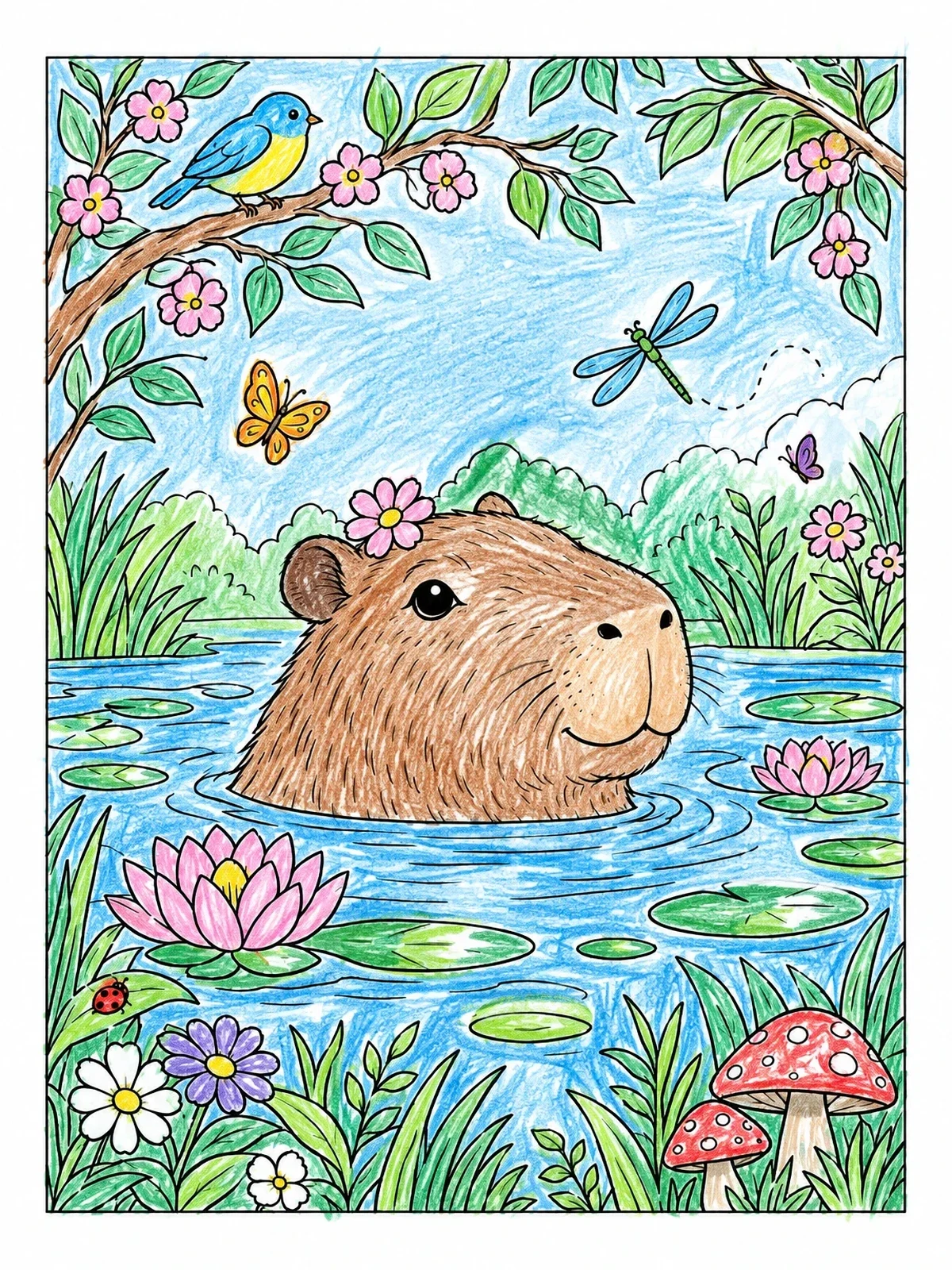 Colored example of the Capybara Swimming In Pond coloring page