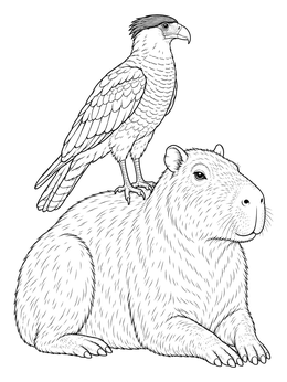 A detailed capybara coloring page featuring a perched caracara bird resting on its back.