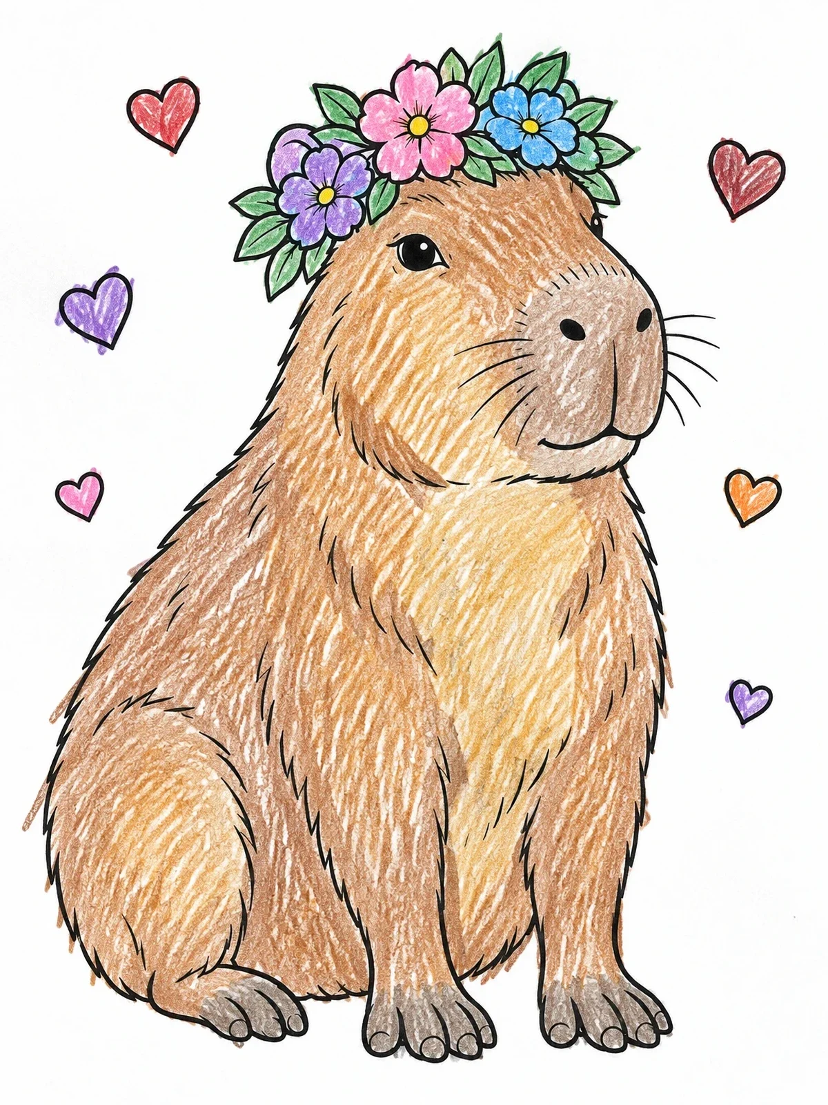Colored example of the Capybara With Flower Crown And Hearts coloring page