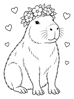 A sweet capybara coloring page featuring a floral crown and floating hearts.