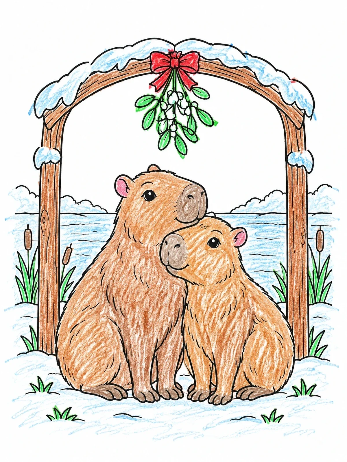 Colored example of the Capybaras Cuddling Under Mistletoe Arch coloring page