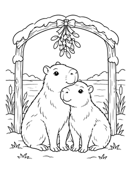 Two friendly capybaras cuddle under mistletoe in this winter capybara coloring page.