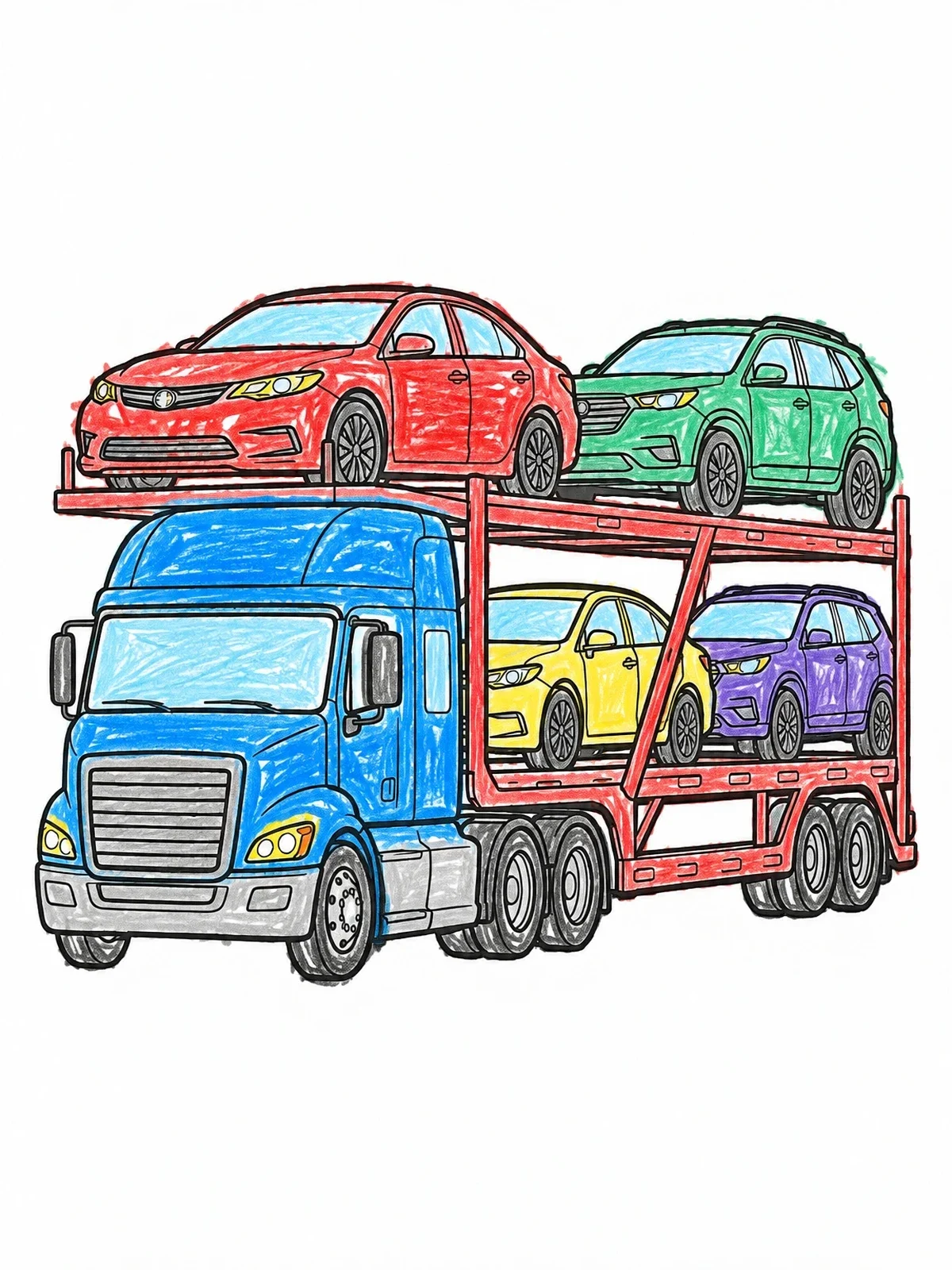 Colored example of the Double Decker Car Carrier Semi Truck coloring page