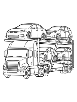 A detailed truck coloring page showing a double-decker auto transporter loaded with four modern cars.