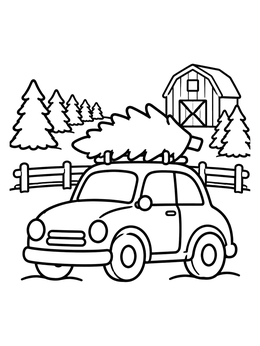 Free printable Car Carrying Christmas Tree By Barn coloring page