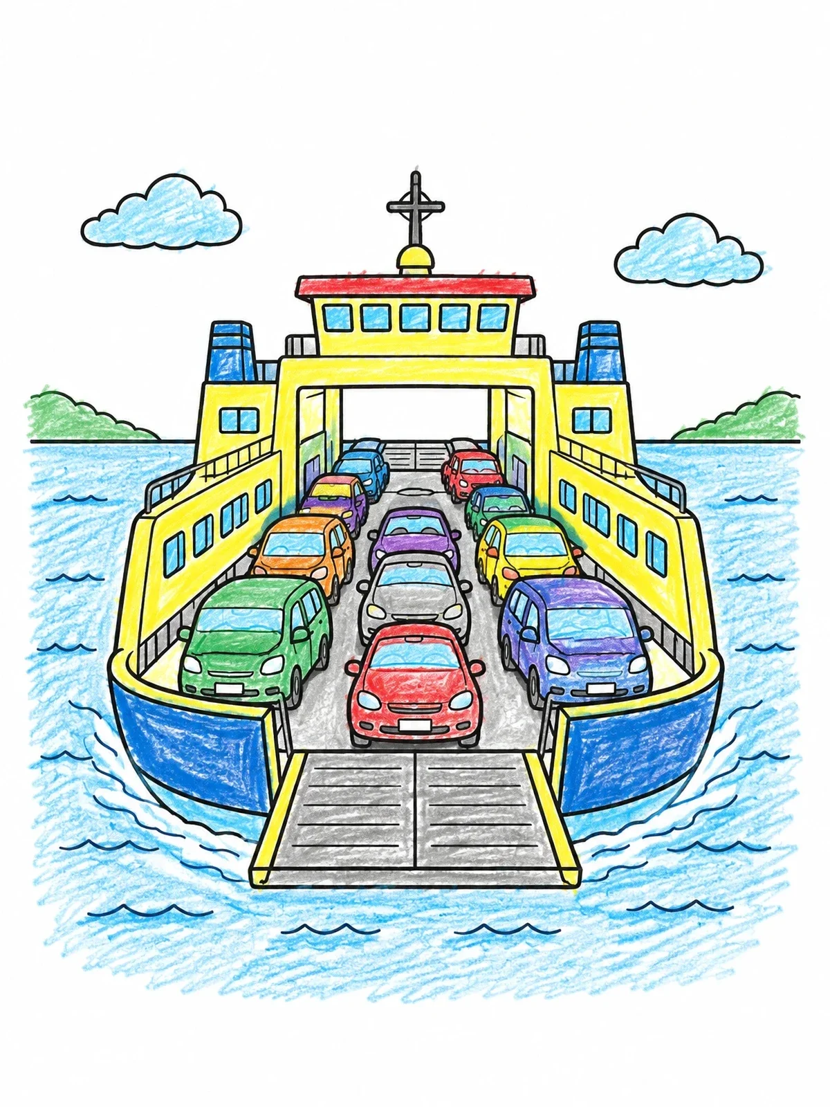 Colored example of the Car Ferry Loaded With Vehicles coloring page