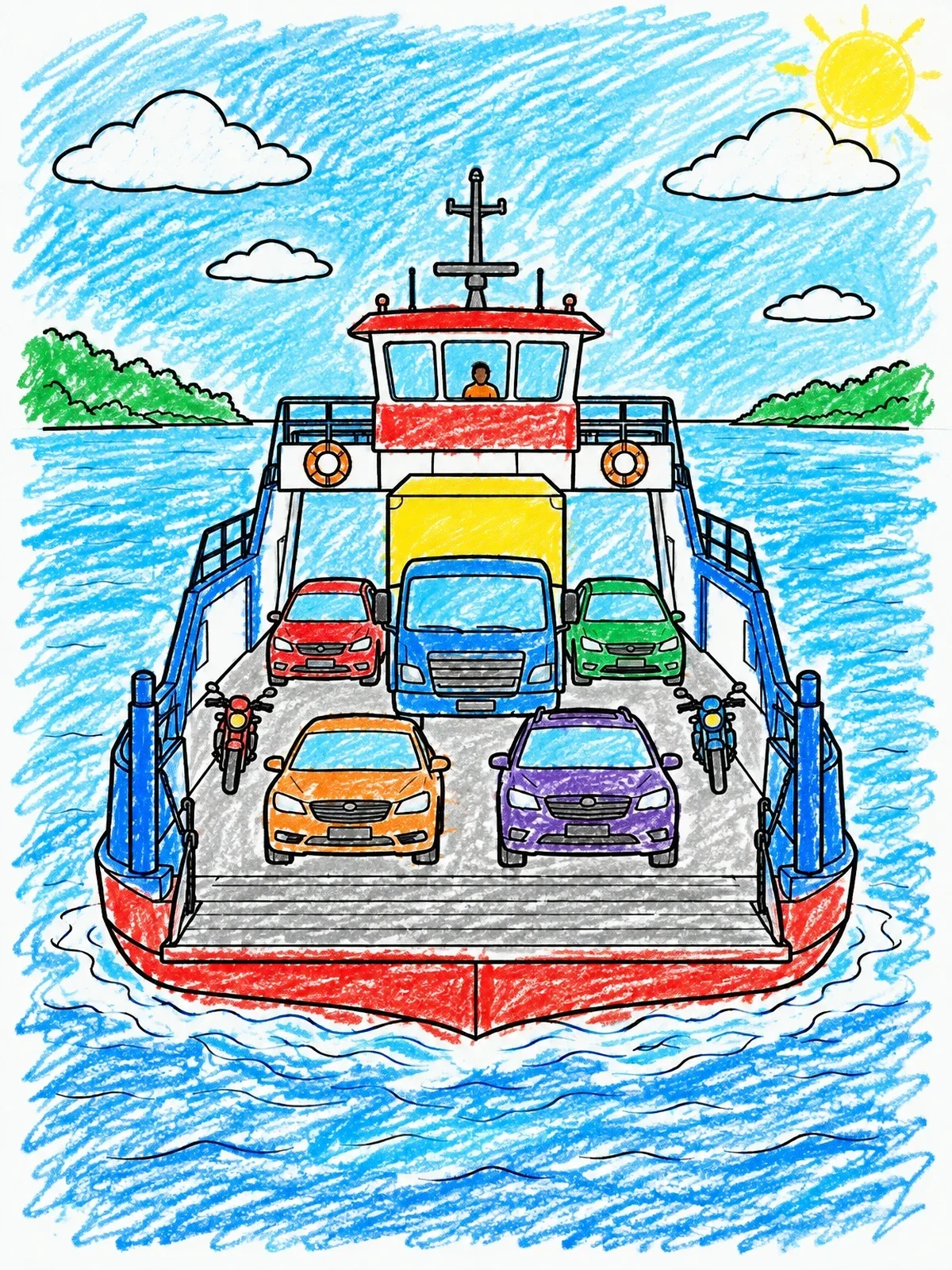 Colored example of the Car Ferry Crossing River Water coloring page