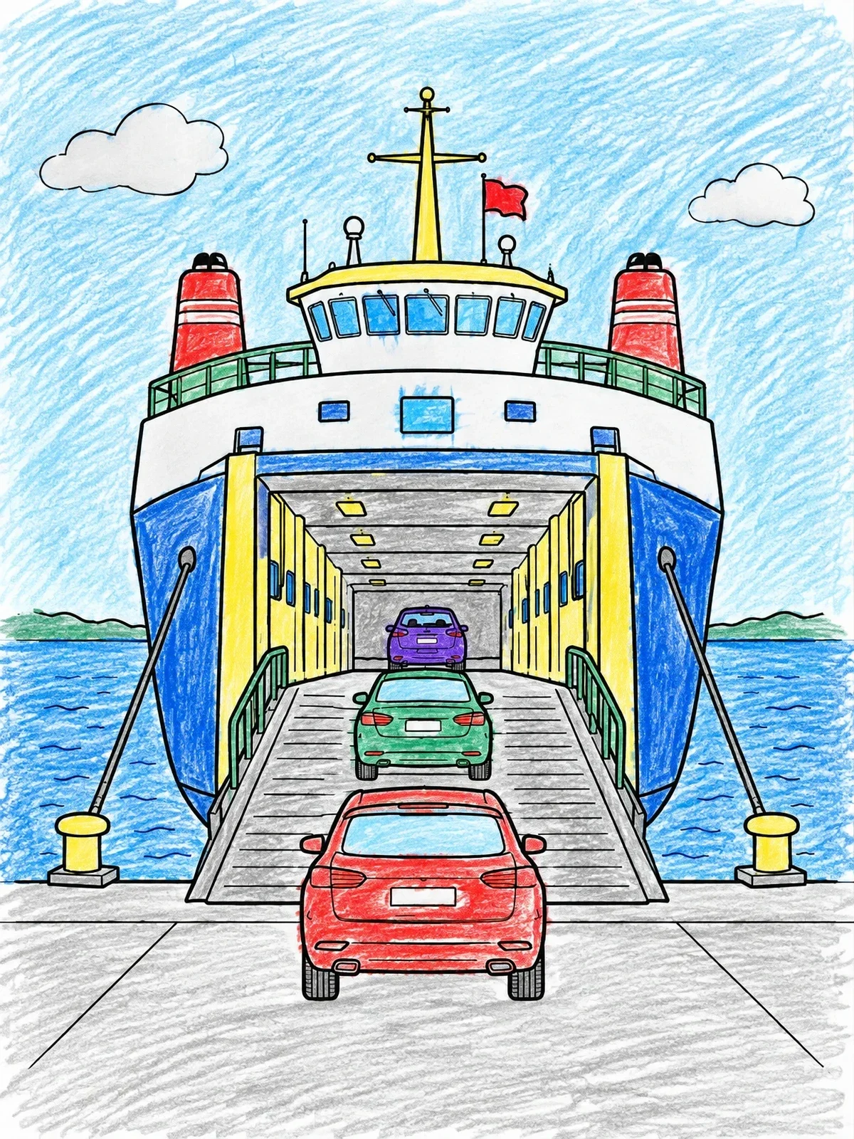 Colored example of the Car Ferry Loading At Dock coloring page