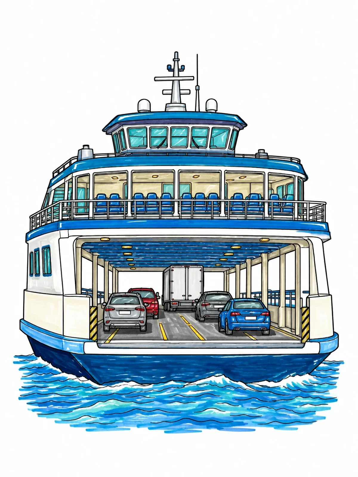 Colored example of the Car Ferry On The Water coloring page