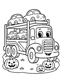 A friendly car transporter truck surrounded by carved jack-o-lanterns on this truck coloring page.