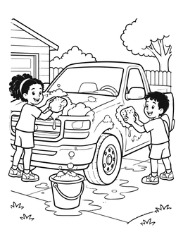 Free printable Kids Washing A Pickup Truck coloring page