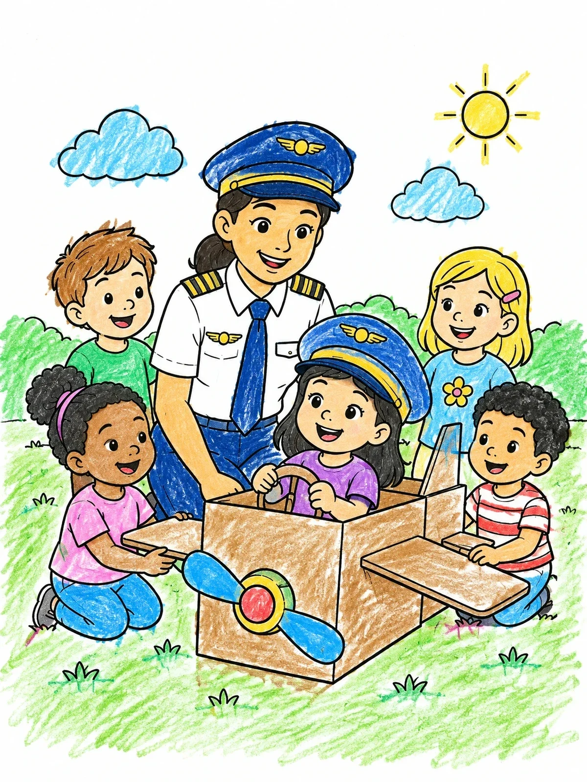 Colored example of the Cardboard Airplane Adventure With Pilot coloring page