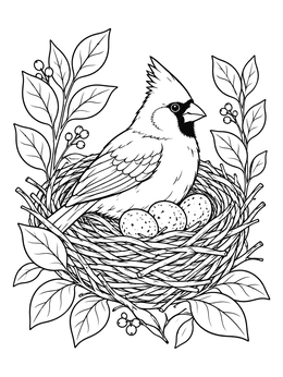 A detailed bird coloring page featuring a cardinal sitting in a nest with speckled eggs.