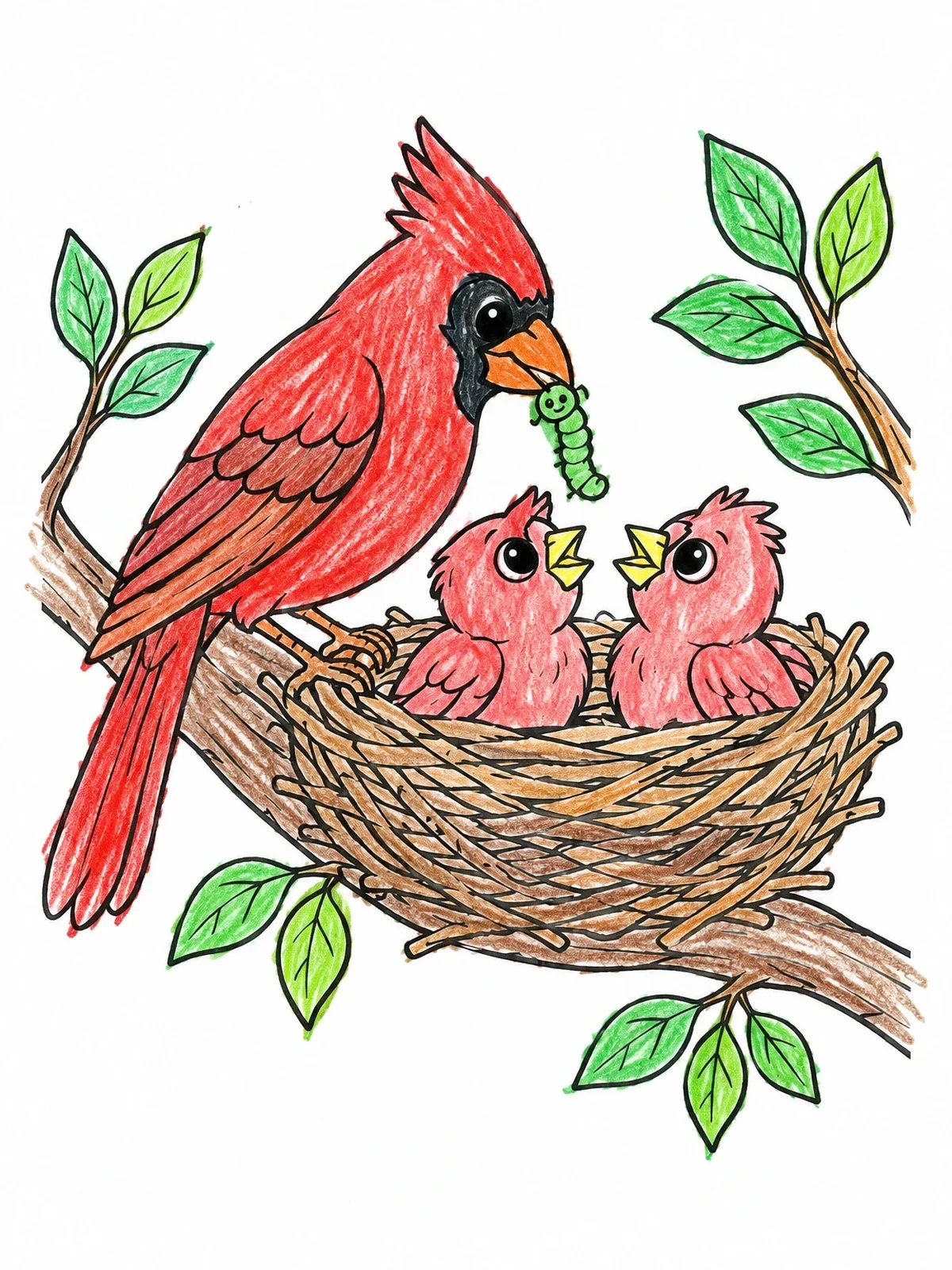 Colored example of the Cardinal Feeding Chicks In Nest coloring page