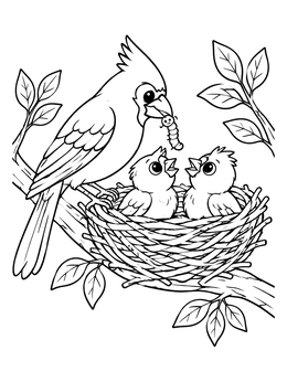 Free printable Cardinal Feeding Chicks In Nest coloring page