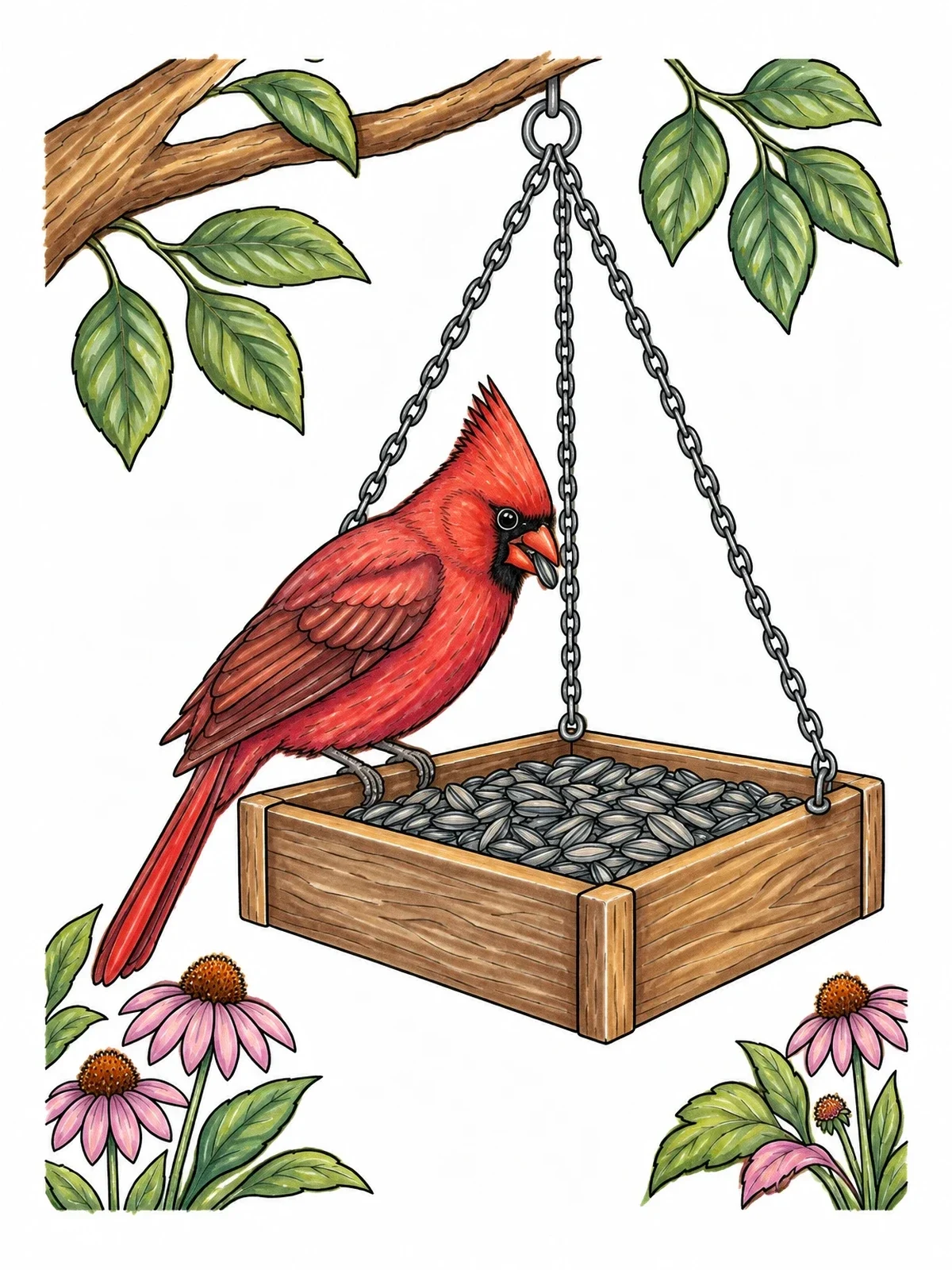 Colored example of the Cardinal At The Hanging Bird Feeder coloring page