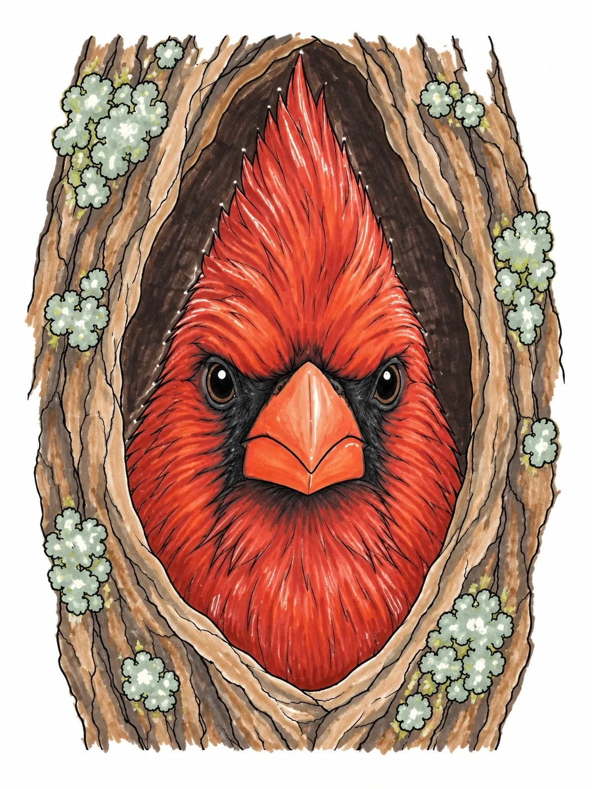 Colored example of the Cardinal Head In Tree Hollow coloring page