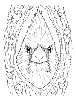 A close-up cardinal coloring page showing the bird peering out from inside a hollow tree trunk.