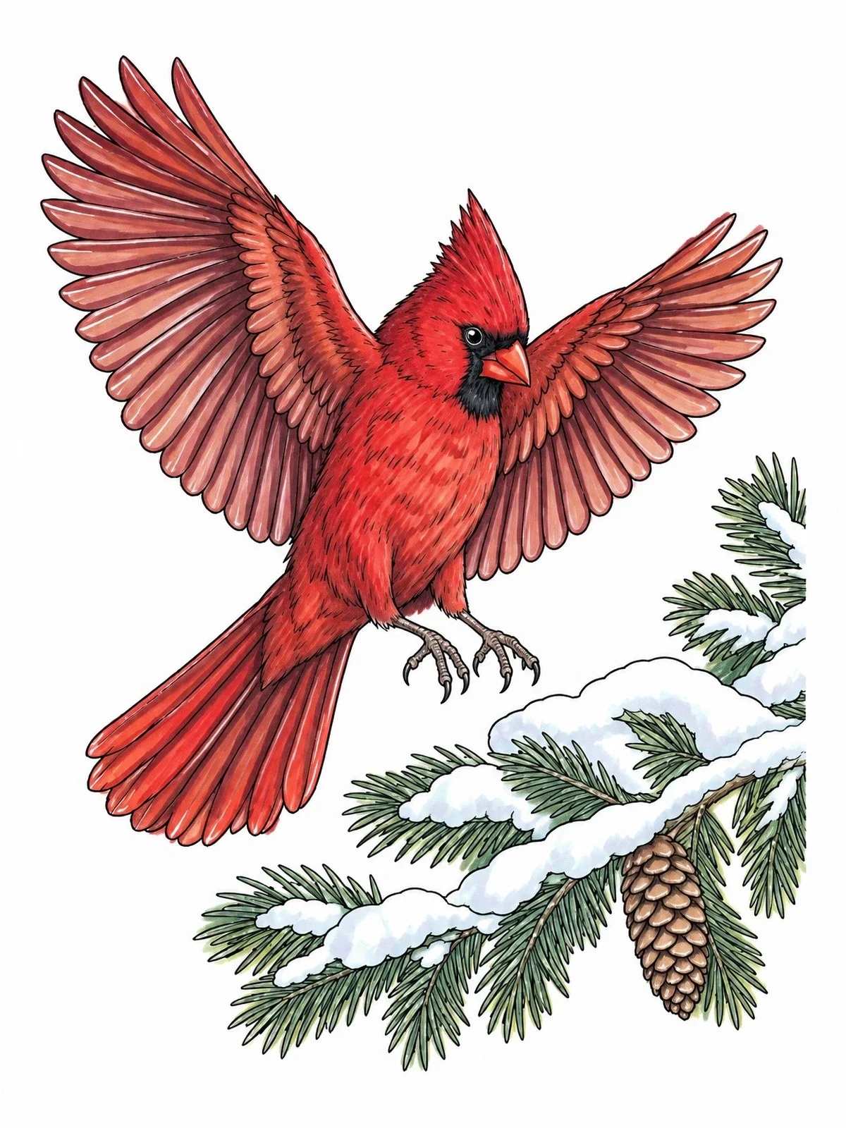 Colored example of the Cardinal Landing On Snowy Pine Bough coloring page