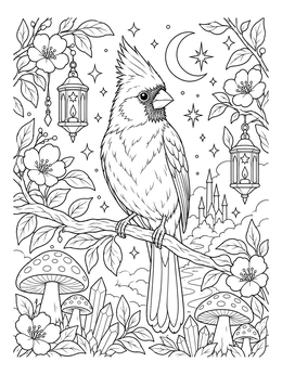 A detailed cardinal coloring page perched under a crescent moon with lanterns and crystals.