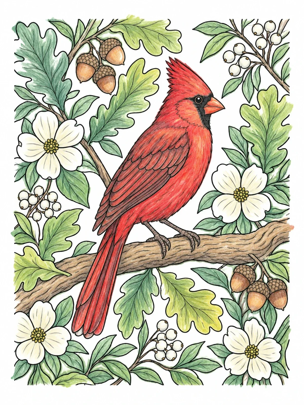 Colored example of the Cardinal On Oak Branch With Blossoms coloring page