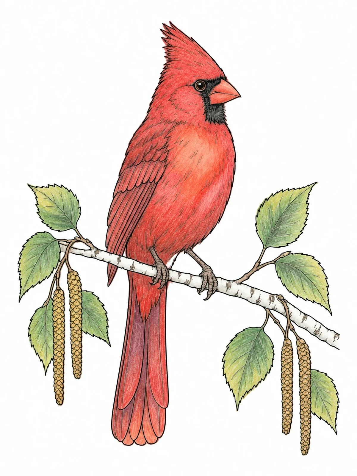 Colored example of the Cardinal On Birch Branch coloring page