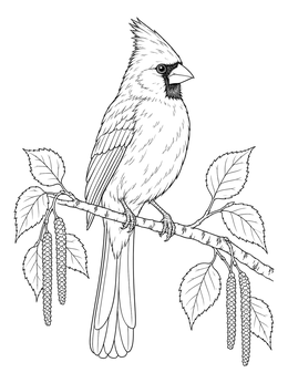 A detailed cardinal coloring page perched on a birch branch with catkins.