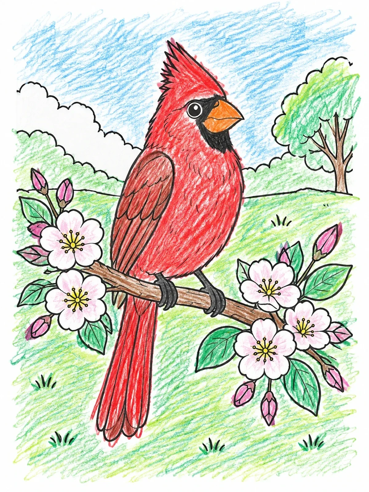 Colored example of the Cardinal On A Flowering Branch coloring page
