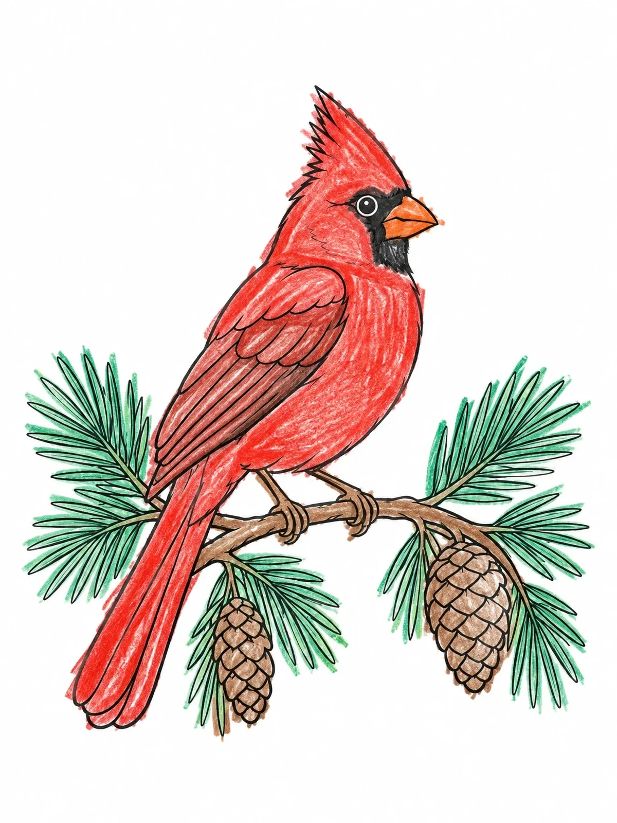 Colored example of the Cardinal On Pine Branch coloring page
