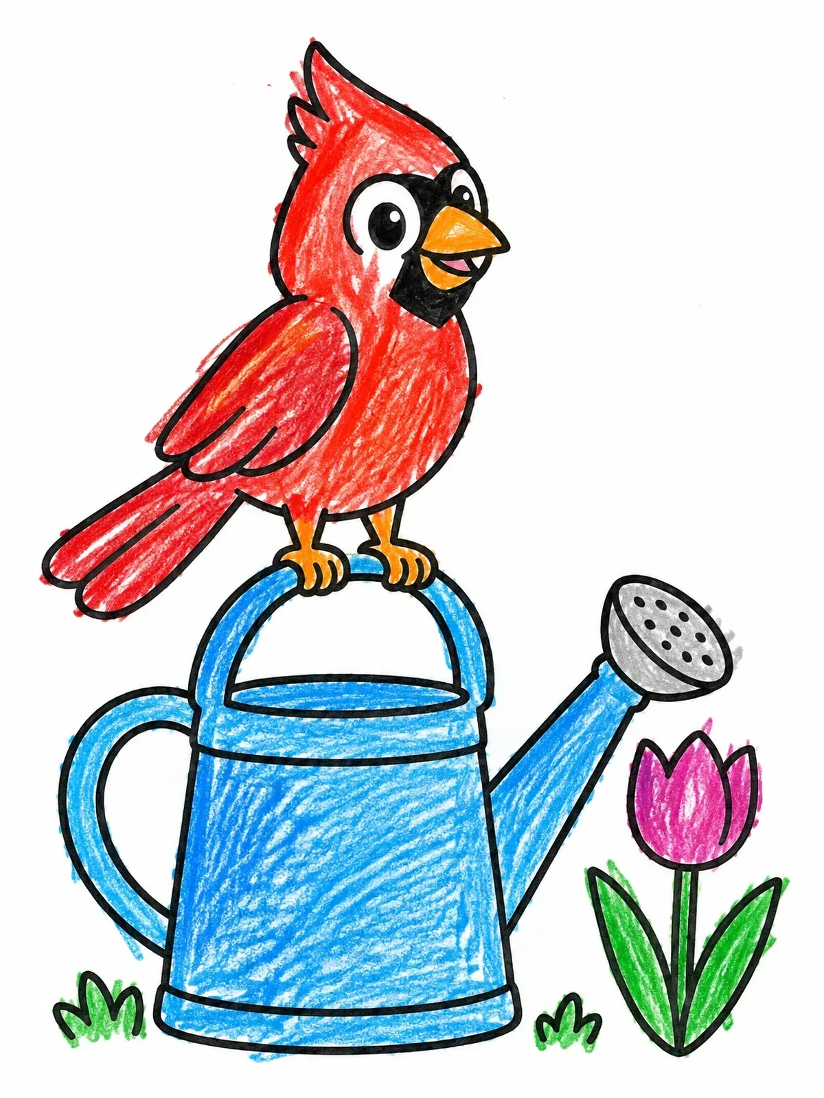 Colored example of the Cute Cardinal On A Watering Can coloring page