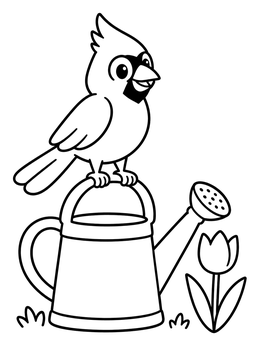 A cheerful bird sits in the garden on this cardinal coloring page with a watering can and tulip.