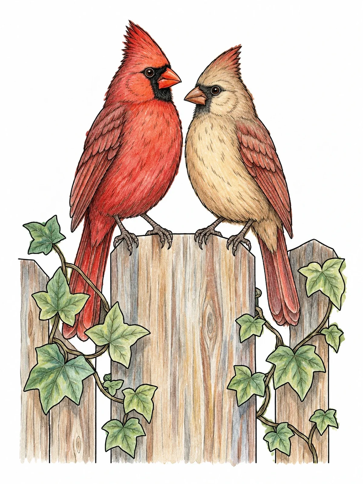 Colored example of the Pair Of Cardinals On Garden Fence coloring page