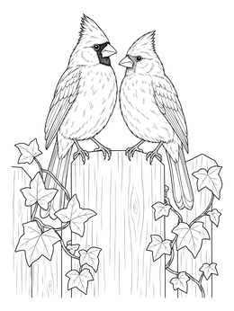 A detailed cardinal coloring page showing two cardinals perched on a wooden fence with ivy.