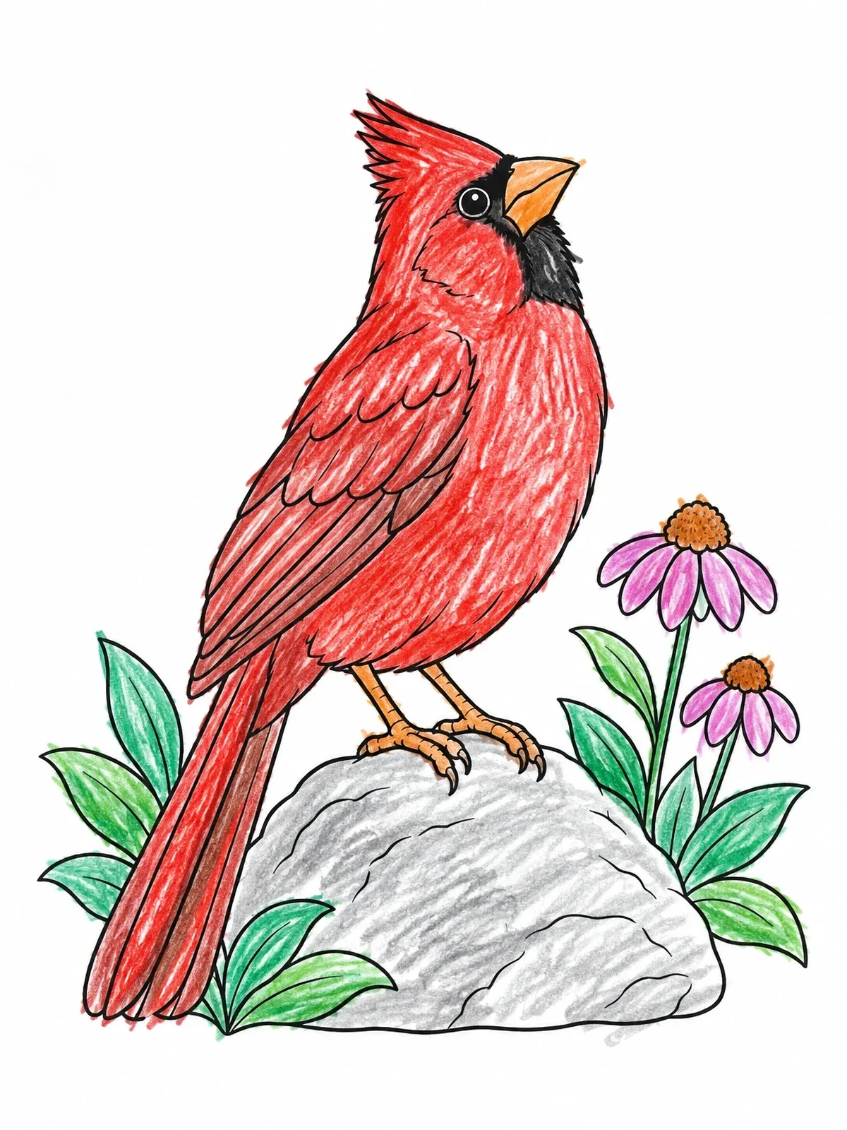 Colored example of the Curious Cardinal On A Garden Stone coloring page
