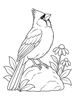 A detailed cardinal coloring page showing a bird perched on a rock near garden flowers.