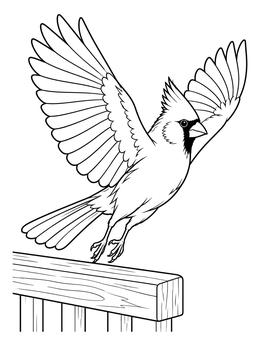 Detailed cardinal coloring page showing a bird launching into flight above a railing.