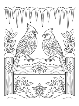 Two decorative cardinals sit on a fence beneath icicles in this icicle coloring page.