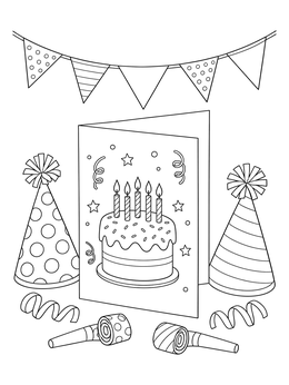 A festive birthday greeting card framed by party hats and bunting on this cards coloring page.